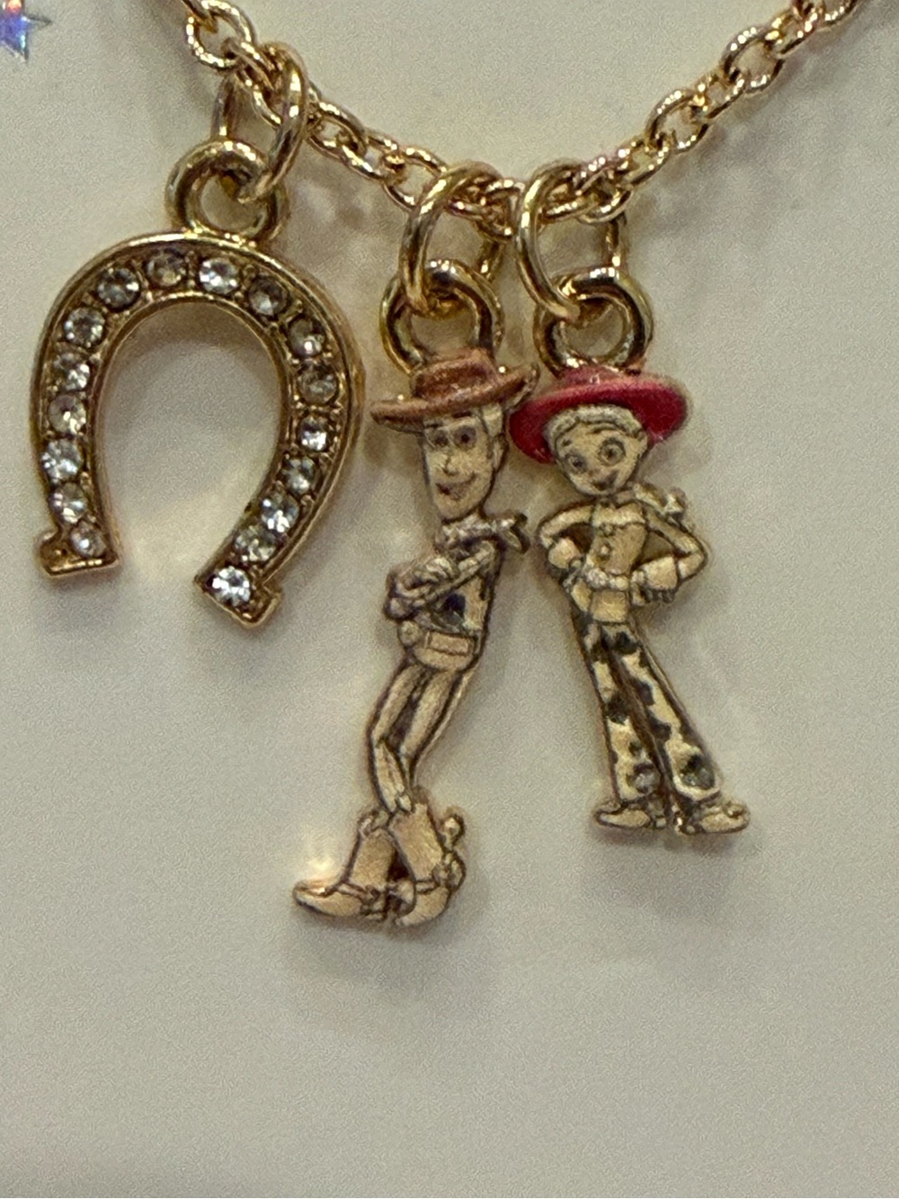 Disney Toy Story Woody, Jessie, Crystal Horseshoe Gold flash plated Necklace New - Picture 2 of 6